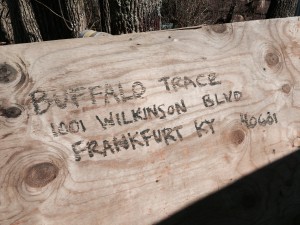 A board found behind the shed with the first five alleged barrels of stolen bourbon. 