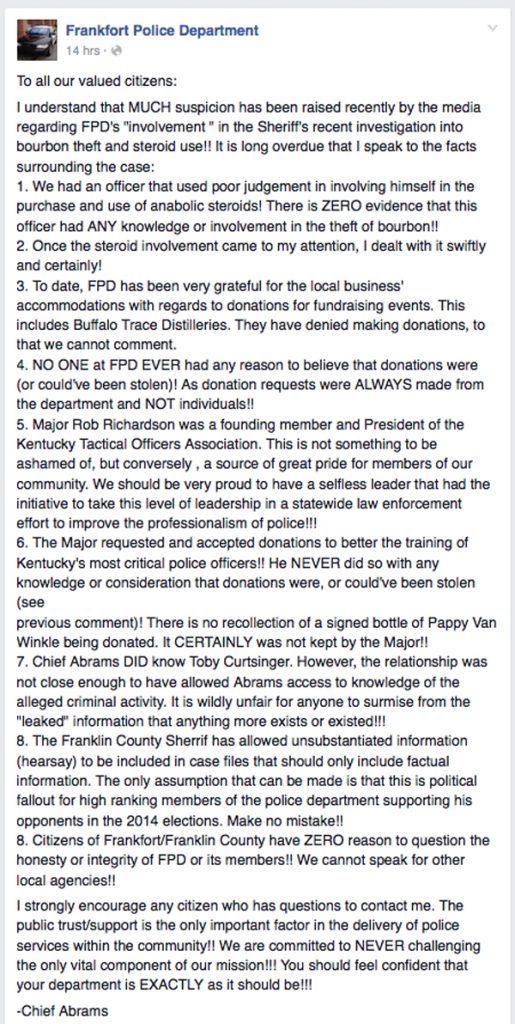This originally appeared not on Abrams' personal Facebook page, but the department's page at 8:37 p.m. on Monday, June 8, 2015. 
